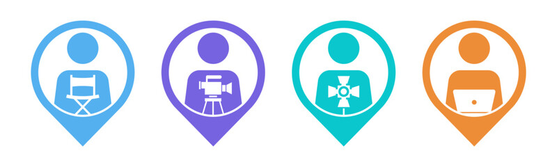 Director, Cameraman, Gaffer, Editor with pin location icon set illustration vector.