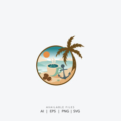 Tropical Beach Coffee Logo, Exotic Island Coffee Shop Logo, Vintage Style Beach Cafe Icon