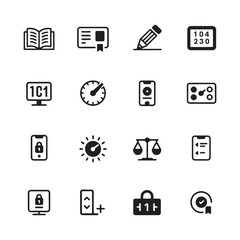 Online Exam and Assessment Icons Book, ID, Timer, Speedometer, Lock, Scales, Checklist & 2FA Symbols