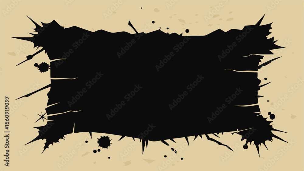 Poster abstract black border with sharp edges and splatter elements on transparent background