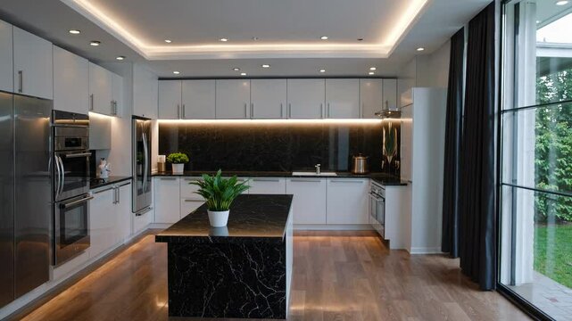 Modern kitchen with sleek design, shot from a wide-angle. Features marble island, stainless appliances, and soft lighting, ideal for a home tour video.