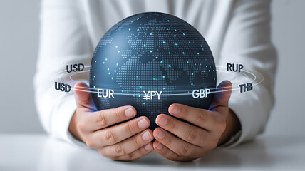 Person holding a globe with currency symbols floating around it in a bright setting