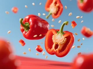 Red Bell Pepper Halves and Seeds on Bold Red Background