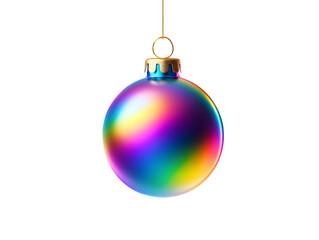 Fototapeta premium Iridescent Christmas Ornament with Golden Cap Hanging on String isolated on a transparent background