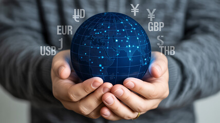 A person holding a digital globe with currency symbols floating around it in their hands