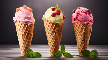 Three ice cream cones with different flavors and toppings on a wooden surface against a dark background