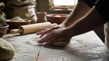 Artisan Baker Shaping Dough on Rustic Table, Home Baking Preparation Scene