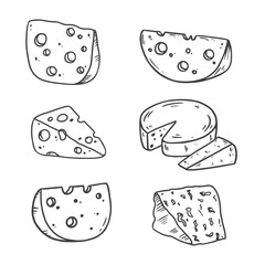 Cheese in sketch style, black and white illustration. Slice of cheese isolated on white. Different types of cheese. Food Vector illustration
