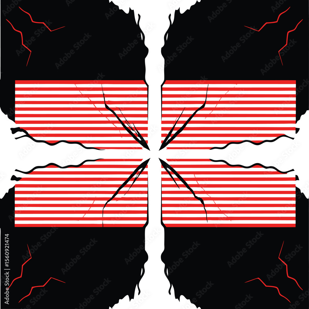 Poster abstract design showing a fractured structure with red and white stripes