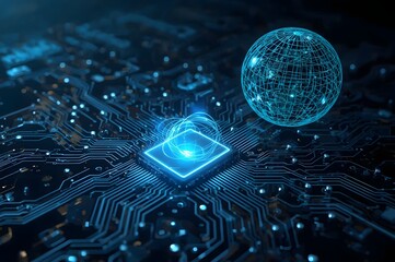 Perspective circuit board with glowing energy at center and wire frame mesh global sphere.
