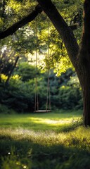 Fototapeta premium Sunlight filters through lush greenery, illuminating a wooden swing set in a tranquil forest clearing