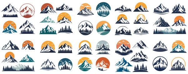Outdoor Adventure and Mountain Camping Logo Set: A collection of vector nature emblems, badges, and icons with forests and sun for travel tourism branding.