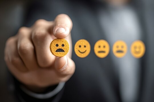 Businessman is making a negative client feedback and choosing a sad face from a rating scale, expressing his dissatisfaction with the provided products or services