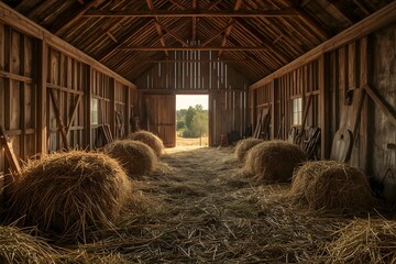 Interior of old barn with straw bales.