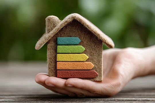 Hand is holding a miniature house made of natural materials with an energy efficiency rating displayed on its front, promoting sustainable and eco friendly housing concepts - Powered by Adobe