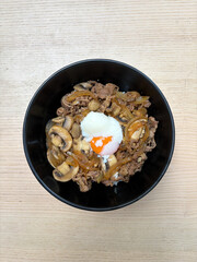 Rice bowl with beef and egg.