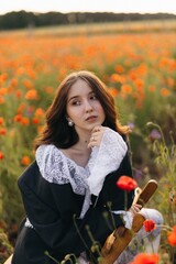 A Thoughtful Young Woman Dressed in Elegant Attire Stands Gracefully Surrounded by Beautiful,...