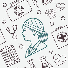 Female doctor profile with medical icons seamless pattern healthcare vector illustration