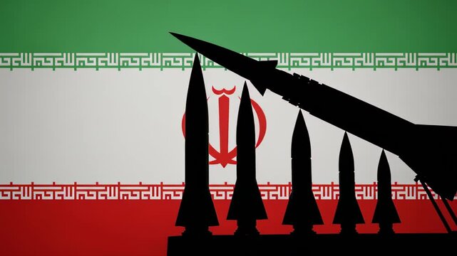 Animated missiles on display against the backdrop of the Iranian flag create a powerful visual