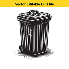 Stylized Black and White Illustration of a Trash Can with Lid and Handle Emphasizing Graphic Design and Clean Lines for Waste Management or Environmental Themes