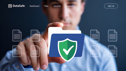A man pointing at a folder icon with a shield and checkmark on a website interface