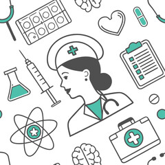 Healthcare seamless pattern medical icons and doctor profile minimalist line art design