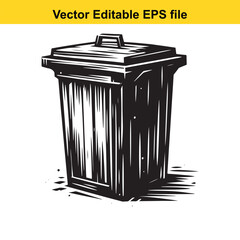 Stylized Black and White Illustration of a Trash Can with Lid and Handle Emphasizing Graphic Design and Clean Lines for Waste Management or Environmental Themes