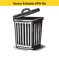 Stylized Black and White Illustration of a Trash Can with Lid and Handle Emphasizing Graphic Design and Clean Lines for Waste Management or Environmental Themes