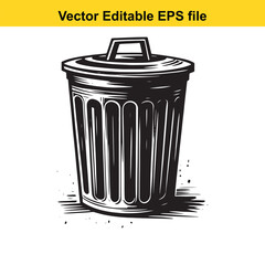 Stylized Black and White Illustration of a Trash Can with Lid and Handle Emphasizing Graphic Design and Clean Lines for Waste Management or Environmental Themes