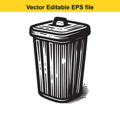 Stylized Black and White Illustration of a Trash Can with Lid and Handle Emphasizing Graphic Design and Clean Lines for Waste Management or Environmental Themes