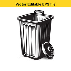 Stylized Black and White Illustration of a Trash Can with Lid and Handle Emphasizing Graphic Design and Clean Lines for Waste Management or Environmental Themes