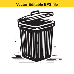 Stylized Black and White Illustration of a Trash Can with Lid and Handle Emphasizing Graphic Design and Clean Lines for Waste Management or Environmental Themes