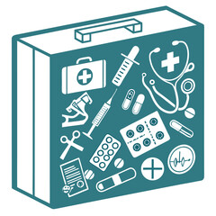 Isometric illustration of first aid kit with medical supplies