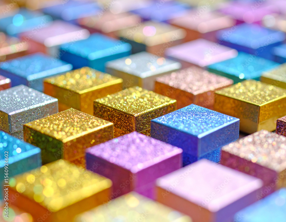 Poster shimmering glitter adorns array of pastel hued square boxes, creating vibrant and colorful display t