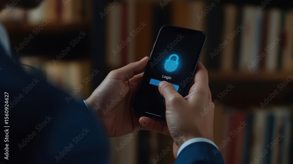 Poster secure access: man logs into phone with fingerprint recognition against a library background.