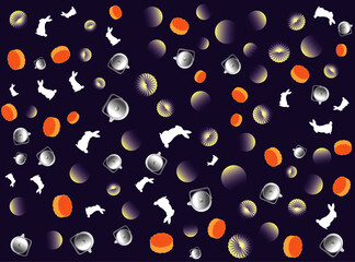 Mid-autumn festival banner, deep, dark blue background, Happy Mid Autumn festival text, rabbit, teapot, full moon, mooncake, lanterns, flora, cloud, Vector illustration