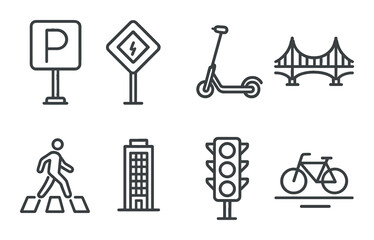 Urban transport icon set. city travel linear pictograms. parking, bridge, scooter, bicycle vector icons.