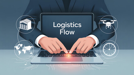 A person typing on a laptop with logistics flow displayed on the screen and icons around