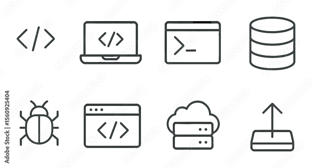 Poster Coding icon set. programming, development, flat laptop, cloud, database, bug vector icons.