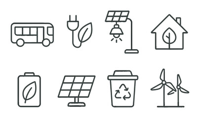 Eco energy icon set. renewable power silhouette symbols. bus, battery, solar, wind, recycle vector icons.