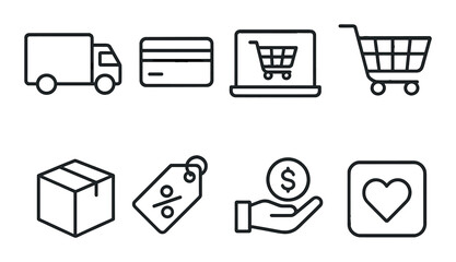 E-commerce icon set. online shopping linear cart, delivery, discount, heart, payment vector icons.