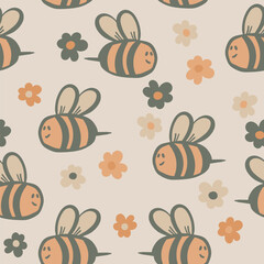 Seamless pattern with bees. Small wasp. Vector illustration. Design for invitation, cards, textile, fabric. Doodle style.