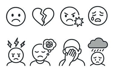 Emotion icon set. mood, sadness, anger, stress, crying, worry linear vector icons.