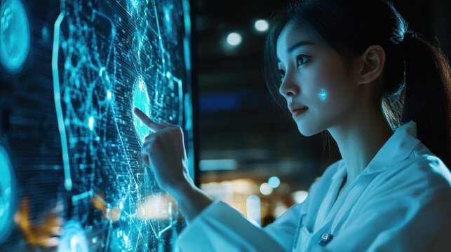 A woman interacts with a holographic display. - Powered by Adobe