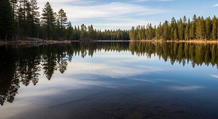 Fototapeta premium Still Lake Reflecting Evergreen Trees Under Pale Blue Sky