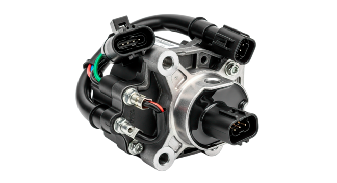 Detailed view of an industrial or automotive mechanical component against a black background.