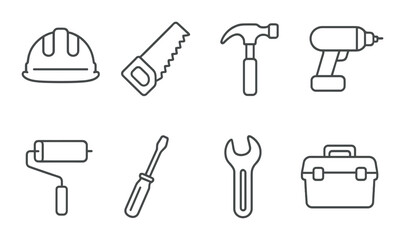Fototapeta premium Tool set. construction and repair linear icons. hammer, saw, drill, helmet vector icons.
