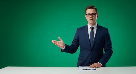 Professional Man in Navy Suit Presenting on Green Background