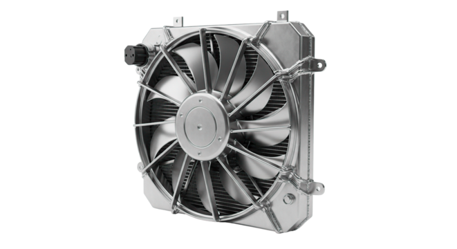 High-performance car radiator with a cooling fan in silver metal.