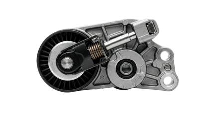 Detailed shot of a car's serpentine belt tensioner, showcasing its intricate mechanics.